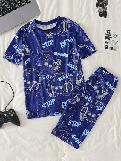 Quần short tay ngắn ôm sát in hình tai nghe và game màu xanh dương dành cho thiếu niên nam.