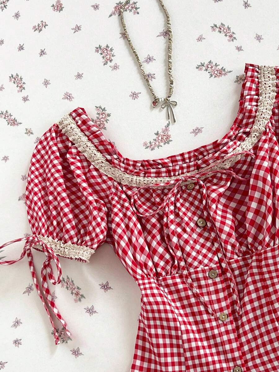 Flirla Women's Summer Plaid Print Square Collar, Lace Trim Chest Tie, Back Shirred Blouse Vacation Red And White Plaid Cute - Red - View 1
