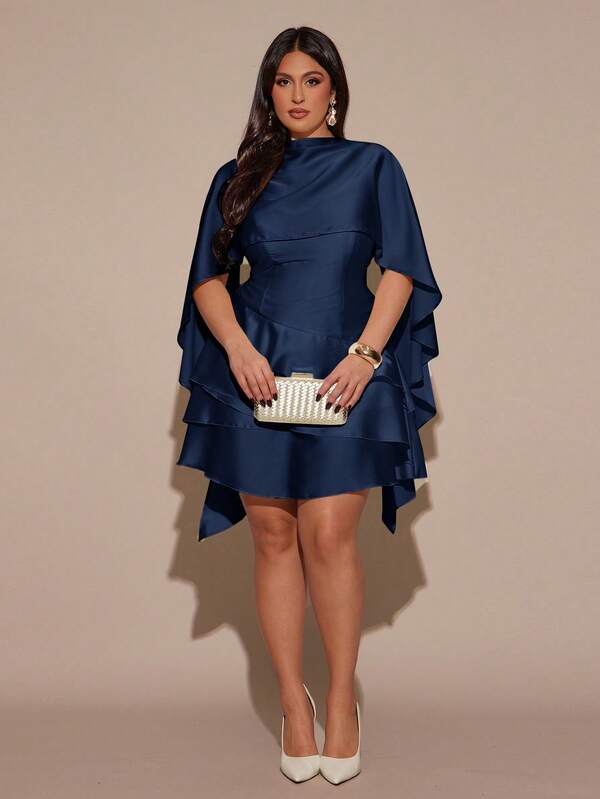 SHEIN BAE Plus Size Women's Autumn/Winter Satin Asymmetrical Hem Adjustable Strap Backless Shawl Collar Dress