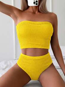 Swim Basics 女士纯色抹胸式吊带背心泳衣套装，包含上衣和三角泳裤，适合夏季度假。 - 黃色 - 查看 4