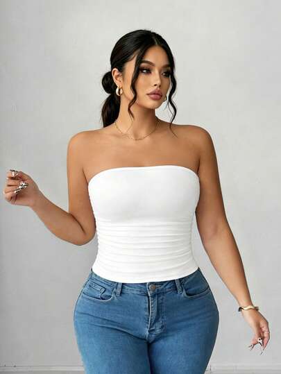 Elenzga 大码女士休闲纯色修身抹胸上衣，夏季