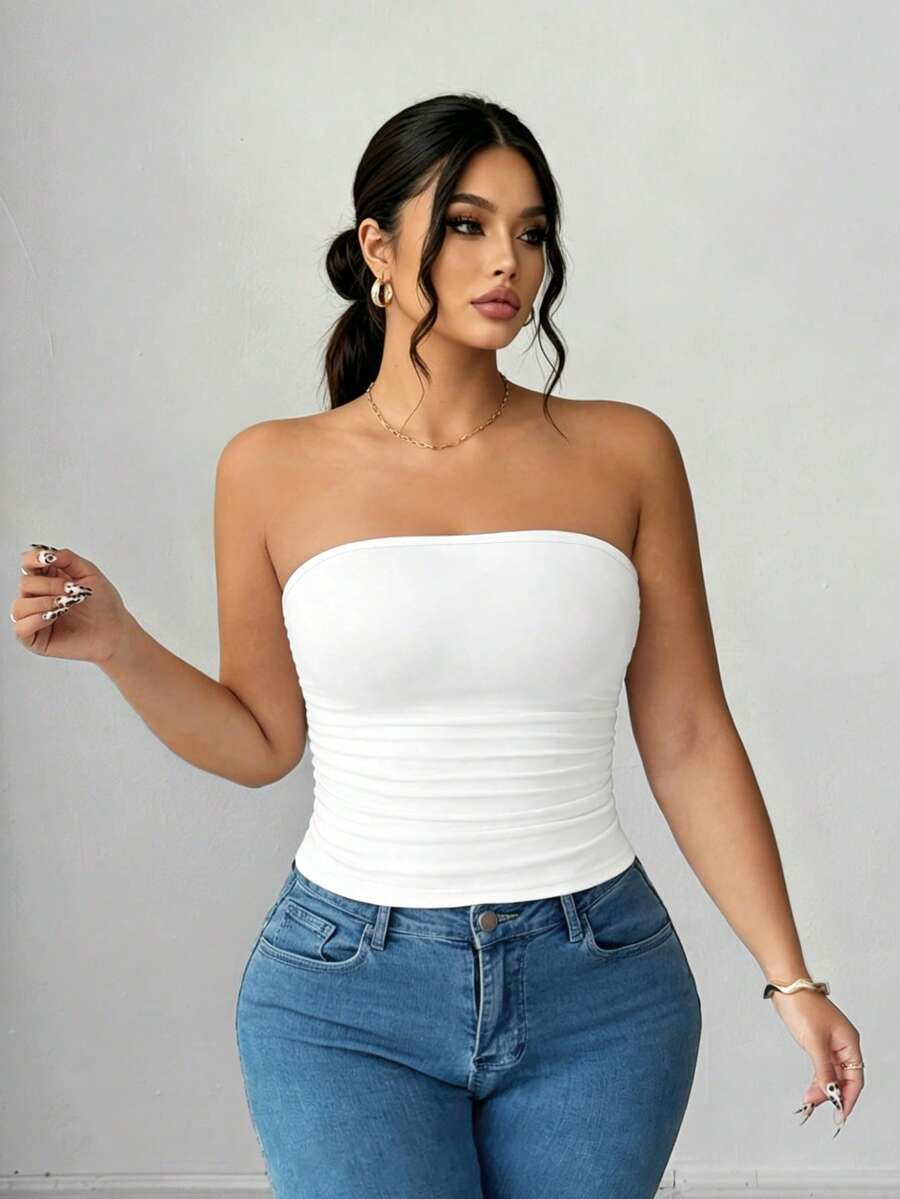 Elenzga Áo ống ôm dáng màu trơn, cỡ lớn dành cho nữ, thích hợp mặc mùa hè. - trắng - Xem 1