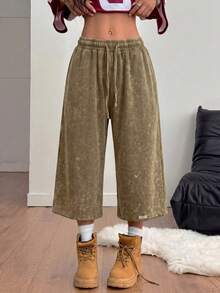 Coolane Women Summer Spring Streetwear Vintage Washed Distressed, Comfortable Denim Effect Black Shorts Wide Leg Capri Pants Loose - Rust Brown - View 4
