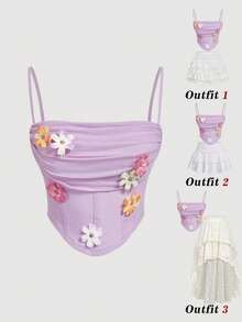 SHEIN MOD 女士3D立体花卉装饰荷叶边吊带背心，适合约会和外出穿着 - 淡紫色 - 查看 4