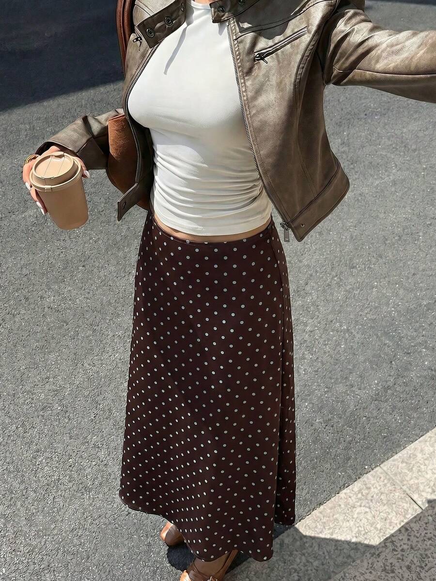 Coffee Brown Satin Polka Dot Mermaid Hem Elegant Maxi Dress, Suitable For Women, New Year, Party Wear - Coffee Brown - View 1