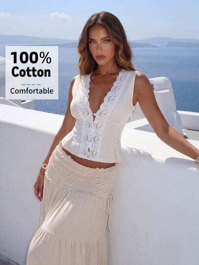 Aloruh 优雅杏色蕾丝边无袖上衣，夏季必备