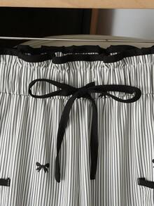 Everyssa 女士宽松休闲蝴蝶结条纹高腰口袋细节直筒裤，夏季 - 彩色 - 查看 4