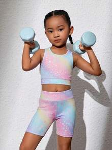 SHEIN Young Girl' Knitted Leopard Print Crop Top And Shorts 2 Pieces Sportswear Cute Set Gym Pink And Yellow Summer - Multicolor - View 4