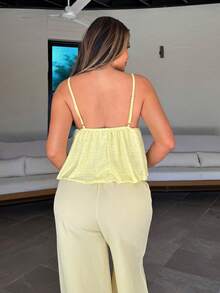 Maria Perezxox 女士新款度假风格海滩白色吊带背心镂空提花针织 V 领荷叶边下摆短款上衣，夏季 - 黃色 - 查看 2