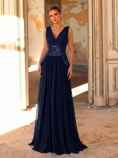 Glamrae Đầm chữ A xẻ tà phía trước, thanh lịch, lãng mạn, thời trang làm từ vải chiffon, đính sequin, màu cà phê, thích hợp cho các buổi tiệc, dự tiệc cưới, dạ hội trang trọng.