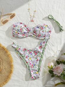 Swim Mod Bộ bikini in họa tiết hoa hồng mùa xuân/hè mới về, phong cách đồng quê tươi mát, đồ bơi hai mảnh không dây đeo vai, thích hợp cho đi biển/nghỉ dưỡng/spa. - Nhiều màu - Xem 6