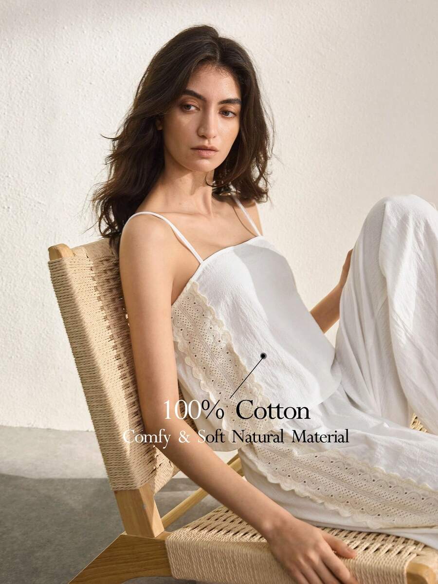 Ocili Set de pijama de 2 piezas con camiseta de tirantes y pantalones con bordado bohemio minimalista y volantes de atar, 100% algodón para mujeres - Blanco - Ver 1