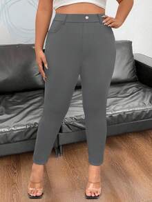 SHEIN PETITE Casual Minimalist Solid Color Elastic Waist Slim Fit Skinny Pants - Dark Grey - View 3