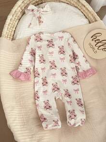 SHEIN Newborn Baby  Cute Knitted Cartoon Bear Pattern Romper With Headband Set - White - View 8