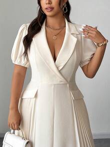 SHEIN Clasi Plus Size Women's White Summer Elegant Wedding Bridal French Office Commute Lapel Pleated Dress,Suitable For Evening Party,Gathering,Date,Graduation - Apricot - View 6