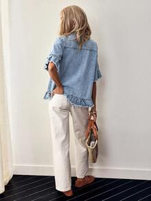SHEIN Holidaya Áo khoác denim nữ thời trang, đa năng, cài nút, viền bèo nhún - Rửa nhẹ - Xem 2