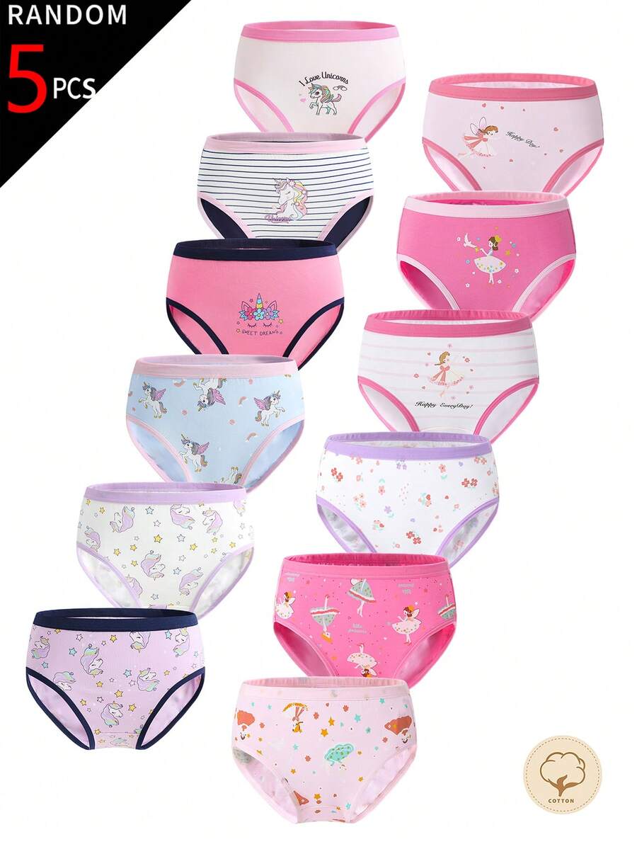 SHEIN 5条/包 女童可爱独角兽仙女印花纯棉内裤,四季皆宜 - 彩色 - 查看 1