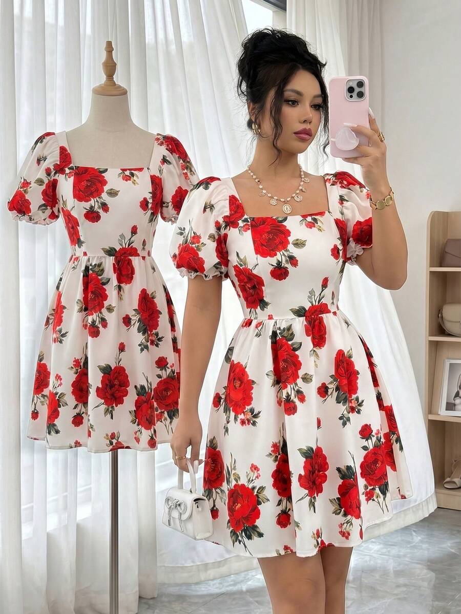 SHEIN Elenzya 女士方领印花褶皱腰身优雅短款派对连衣裙 - 杏色 - 查看 1