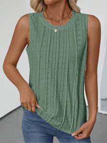 Áo tank top nữ cổ tròn không tay, chất liệu vải dệt họa tiết, thích hợp mặc mùa xuân/hè. - Màu xanh Ô liu - Xem 5