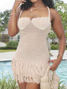Đầm ngắn ôm sát người với dây đeo mảnh, viền tua rua, cúp ngực hình vỏ sò, phong cách Bohemian, Boho, thích hợp cho kỳ nghỉ, hẹn hò ngày Valentine, mùa xuân/hè. - Màu Khaki - Xem 5