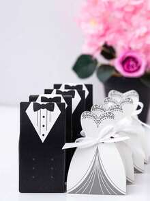 100pcs/200pcs Kotak Permen Souvenir Pernikahan, Wadah Berbentuk Gaun Tuxedo dengan Pita Satin untuk Hadiah Pesta Bridal Shower - satu ukuran cocok untuk semua - View 4