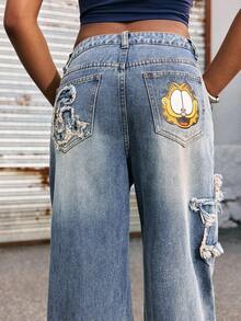GARFIELD | SHEIN Women's Casual Fashion Street Chic Daily Commute Cartoon Print Frayed Hem Star Pattern Loose Wide Leg Jeans - Blue - View 3