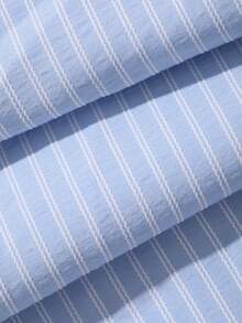 DAZY Conjunto de pijama feminino de verão com 2 peças, tecido texturizado listrado, gola com babados bordados e mangas em formato de pétala. - Baby Azul - Ver 6