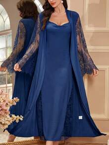 SHEIN Sexy High Slit Robe & Elegant Robe 2-Piece Sleepwear Set For Women, Autumn/Winter - Royal Blue - View 4
