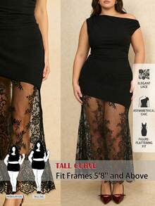 SHEIN Tall CURVE فستان أنيق بلون أحادي مع تصميم من الدانتيل غير متماثل الياقة وذيل سمكة - الأسود - مشاهدة 2