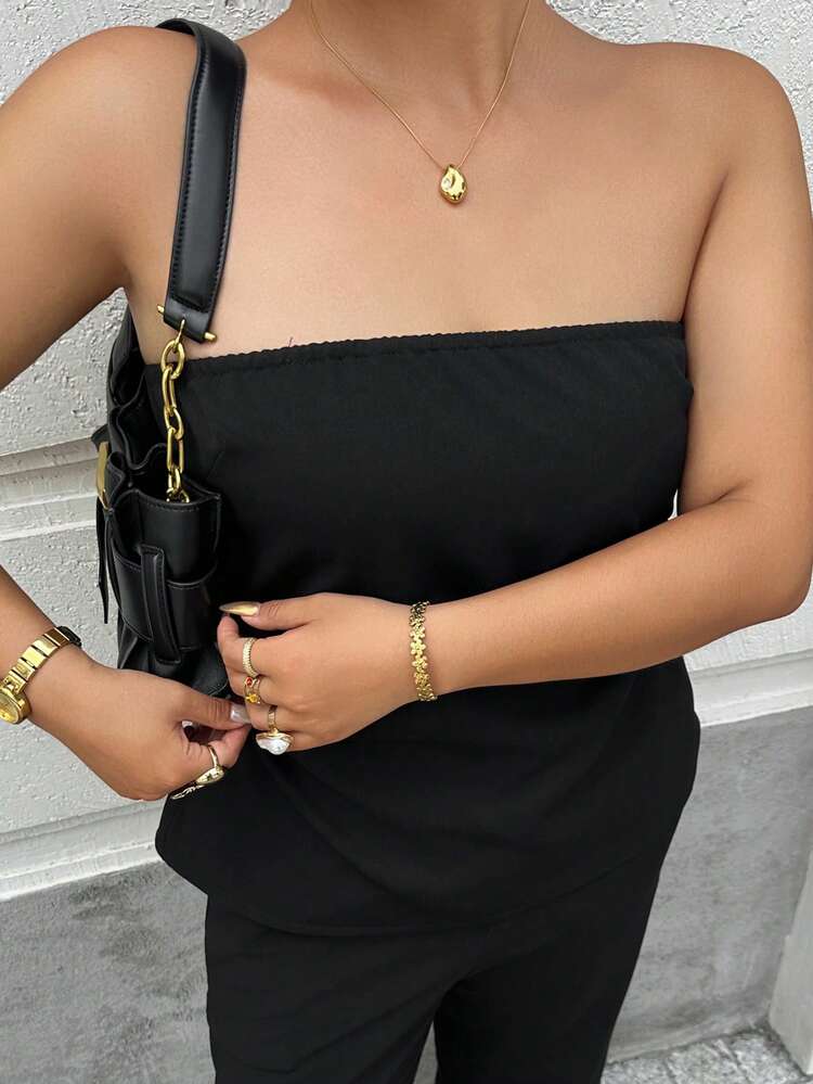 Dazy Plus Plus Size Women Solid Color Camisole Casual Vacation Versatile Black Tank Top, Spring/Summer