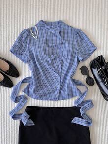 Comfortcana 春夏新款女式格子宽松短袖收腰衬衫，适合音乐节、酷炫、街头、复古、Y2K、休闲和校园风格。 - 藍色 - 查看 3