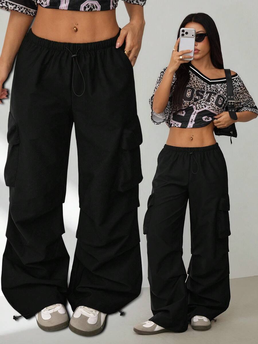 SHEIN PETITE Women's Summer Streetwear Vintage Western Wear Y2K Low Rise Parachute Cargo Pants - Black - View 1