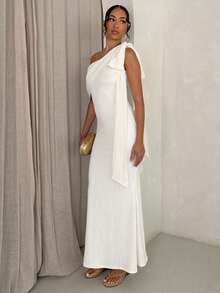 Glamine 女士性感度假、派对和约会长款单肩鱼尾荷叶边连衣裙 - 杏色 - 查看 3