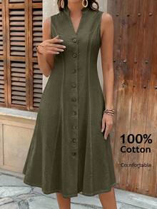 Faunlyn Women's Summer Geometric Pattern Print Round Neck Short-Sleeve Dress - Army Green - View 3