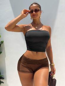 SHEIN SXY Women's Coffee Brown Lace Patchwork Super Shorts,High Waisted Bodycon Biker Shorts For Summer,Gym,Gay,Active Sport,Night Out Comfortable Gym Shorts - Brown - View 7