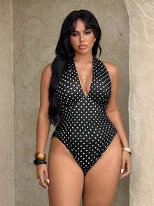 Rustia 夏季新款优雅度假法式可爱甜美波点印花露背深V领连体裤，收腰设计，露背沙滩装 - 黑與白 - 查看 4