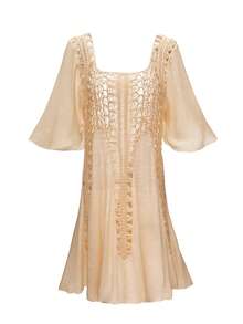 Swim Vcay Plus Size Women Solid Color Square Neck Ruffle Sleeve Hollow Out Cover Up Dress - Apricot - View 7