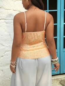 Sunnyshic Camiseta de tirantes elegante y vintage con encaje, parches y textura floral, para mujer de talla grande - Naranja - Ver 2
