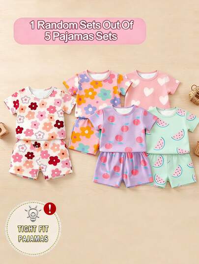 [Ngẫu nhiên 5 bộ, nhận 1 bộ] Bộ quần áo bé gái tay ngắn ôm sát, họa tiết trái cây/hoa/trái tim, tươi tắn & ngọt ngào, dễ thương & tinh nghịch, cổ tròn, eo chun, thoải mái cho ở nhà, mặc thường ngày, đi chơi ngoài trời, mùa hè.