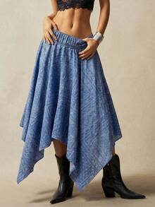 Bohemela Chân váy denim nữ kiểu retro thường ngày, in họa tiết toàn thân, vạt bất đối xứng, cạp chun. - Rửa nhẹ - Xem 6