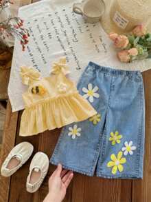 2 Pieces Baby Girl Blue And Yellow Striped,Summer,Cute,Vacation Set,Textured Tank Top & Flower Embellished Denim Straight-Leg Pants Toddler Outfits - Yellow - View 6