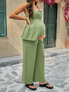 SHEIN Maternity Summer Vacation Solid Color Camisole And Pants 2 Pieces Set - Army Green - View 2