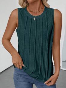 Women's Crew Neck Sleeveless Textured Casual Tank Top, Spring/Summer Fashion - Green - View 7