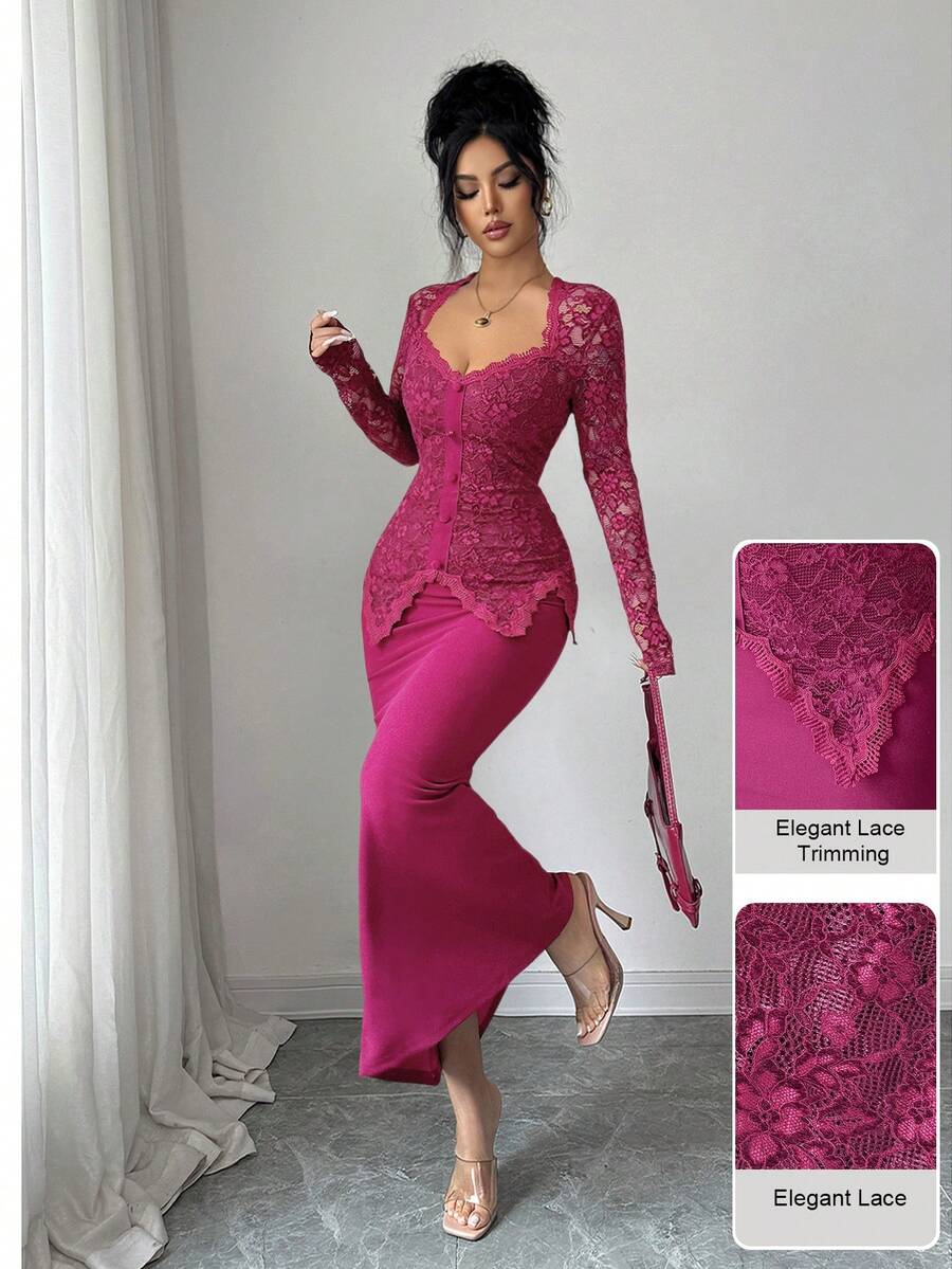 Modelyn Square Neck Lace Patchwork Button Waist Fitted Midi Dress For Women - Hot Pink - View 1