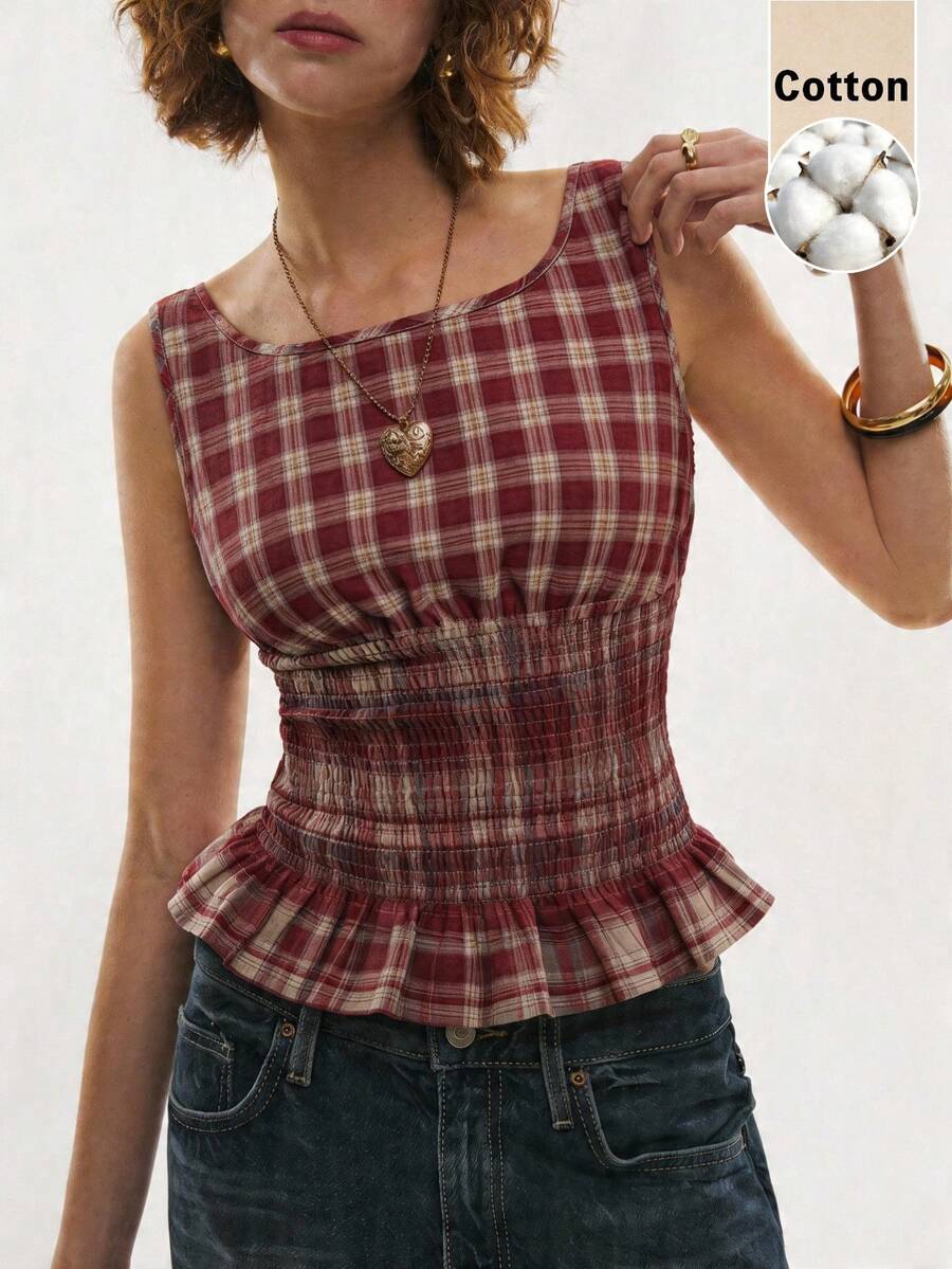 Plaid Sleeveless Top With Wide Straps And Ruffle Hem, Casual Summer - Red and White - View 1