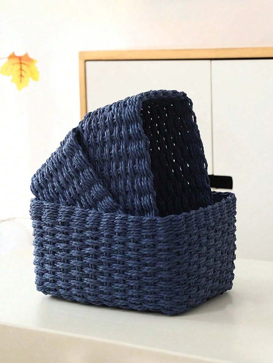 3件套手工编织纸绳收纳篮，S、M、L码，可重复使用，适用于客厅、卧室、橱柜、办公桌收纳，农舍风格家居装饰，节日礼品盒，可收纳衣物、玩具、化妆品、文具、家居用品等。 - 藍色 - 查看 1