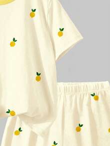 2pcs/Set Cream Yellow Retro Mini Lemon Print Contrast Collar Tween Girls Casual Short Sleeve T-Shirt And Shorts Set, Suitable For Spring/Summer Daily, Outing, Vacation, Holiday Wear - Multicolor - View 6