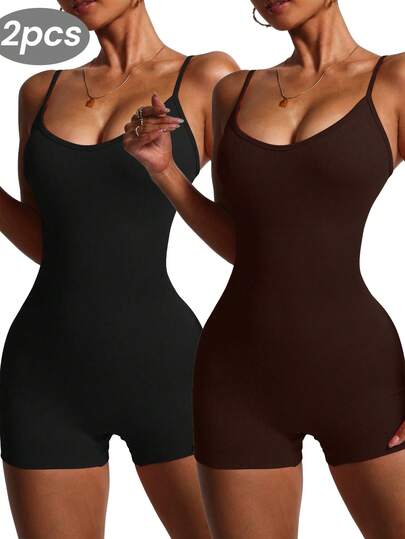 Velisys 女士瑜伽连体衣 罗纹细肩带运动连体衣 2件套