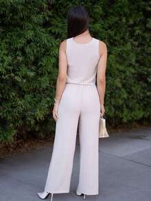 Andrea Bello 女装夏季肌肉简约日常老款风亚麻系带两件套，系带两件套，贝壳边饰无袖上衣和裤子套装，系带前教师装工作女装连衣裙两件套 - 杏色 - 查看 2