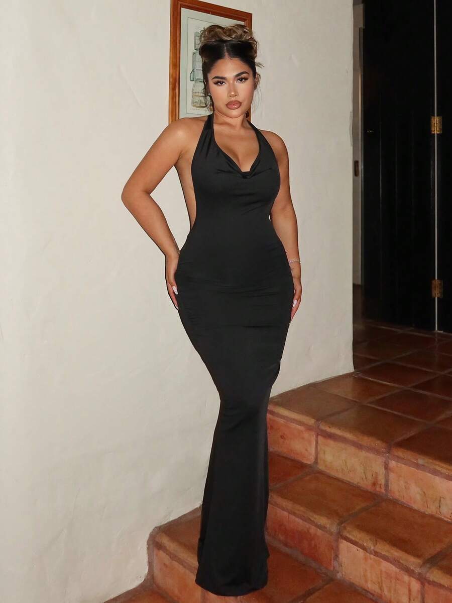女士黑色垂坠领紧身鱼尾裙，派对 - 黑色 - 查看 1
